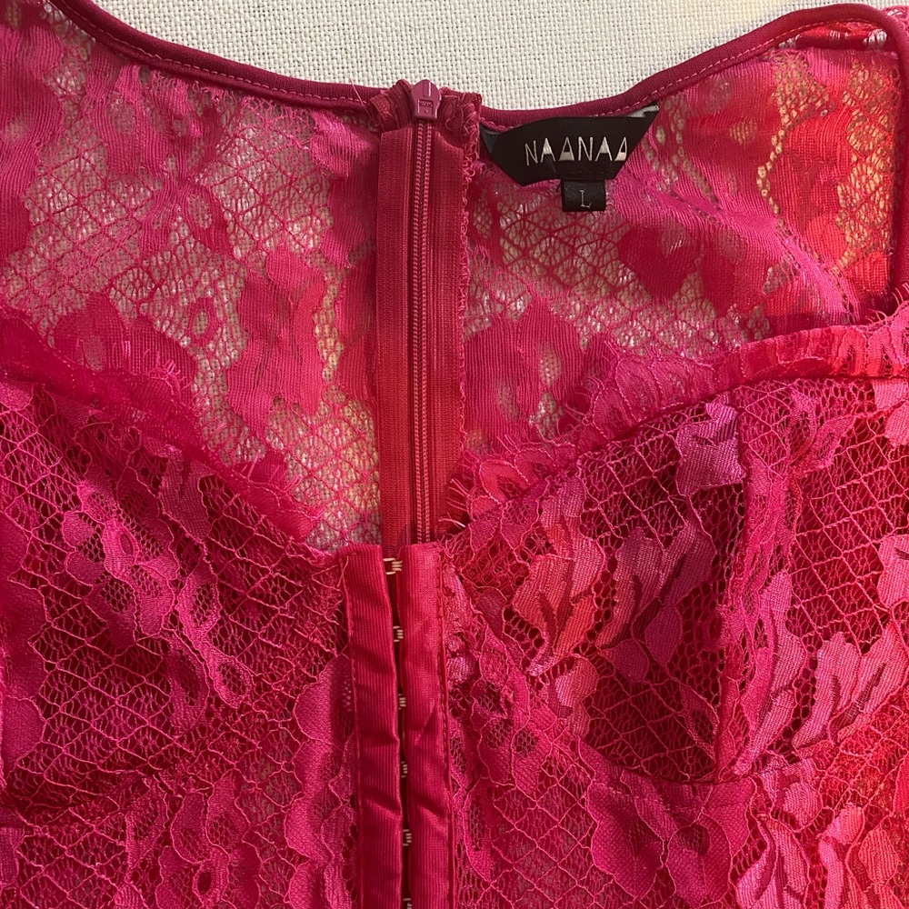 Bustier Lace Mini Dress | Large | Hook-Eye Corset, Magenta, Floral Lace - Picture 15 of 15